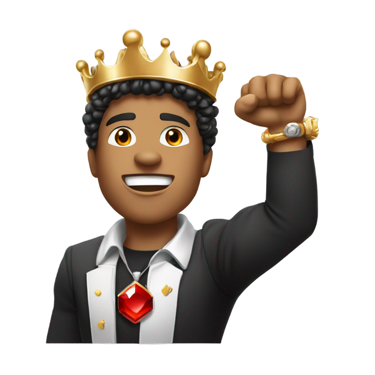 genmoji: A mixed guy with a black crown with red jewels on shouting in triumph, determined, with a white king chess piece in his hand and his other hand in a fist pump