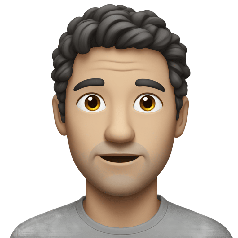 genmoji : a man with dark hair, light gray eyes, a cloud of dialogue flying nearby