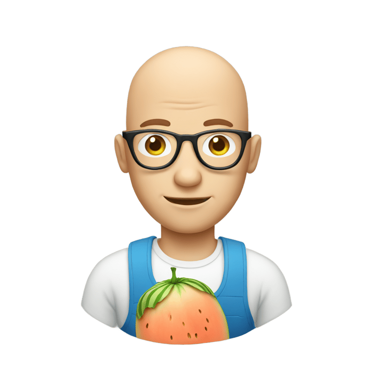 genmoji : Bald man with blue eyes and glasses holding melon