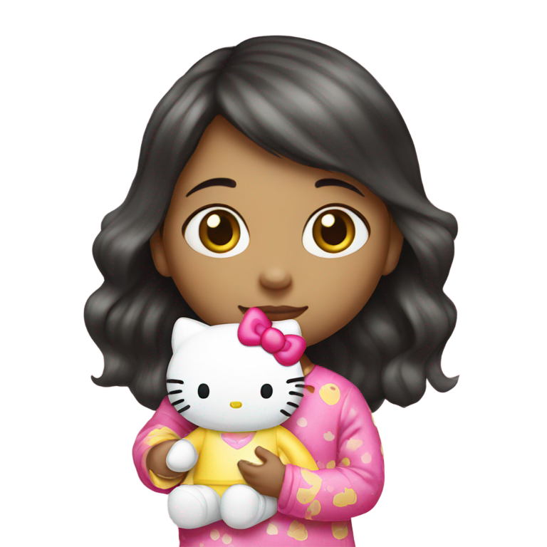 genmoji：小黄皮肤女孩抱着Hello Kitty玩具，穿着睡衣