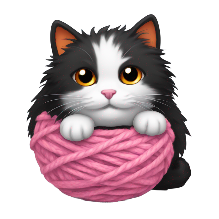 genmoji: Fluffy cat that is black white and orange, laying on its tummy, with a pink ball of yarn next to her