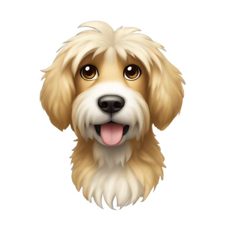 絵文字：もこもこした淡いタンと白の毛を持つ犬。黒い目と鼻、革の首輪に金のタグをつけています。