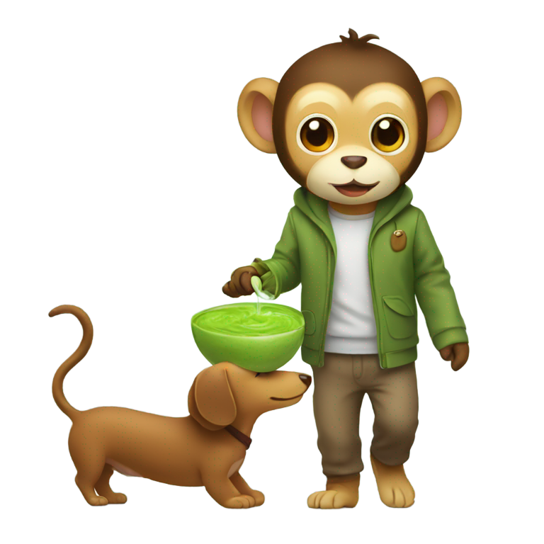 genmoji：一只猴子边喝抹茶边遛一只达克斯犬