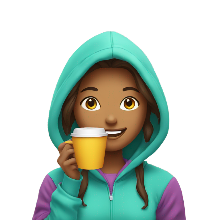genmoji: Girl smiling face in a colorful hoodie, surrounded holding a coffee cup