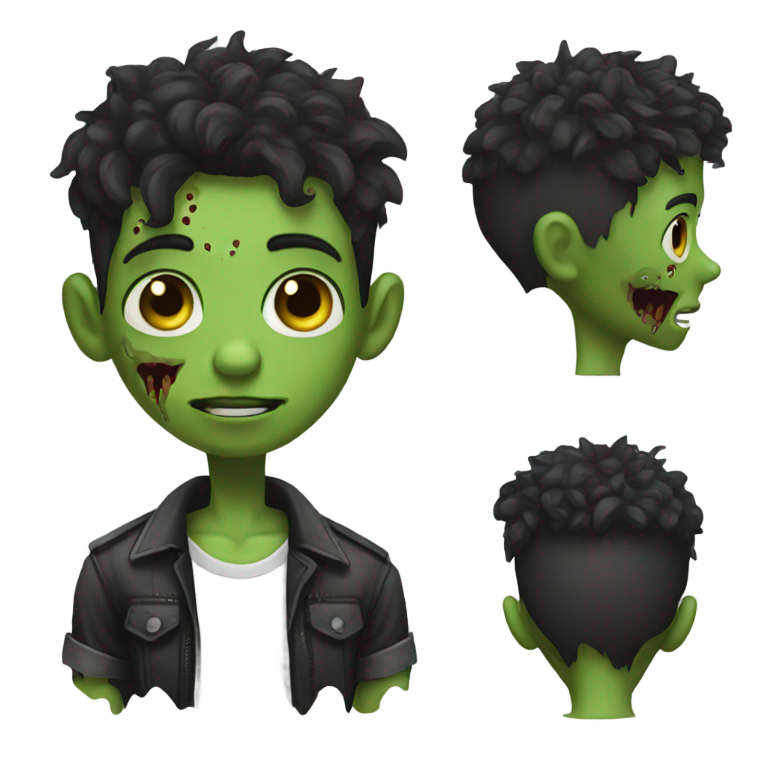 genmoji : Zombie garçon avec une coupe dégradée, cheveux bouclés et noirs