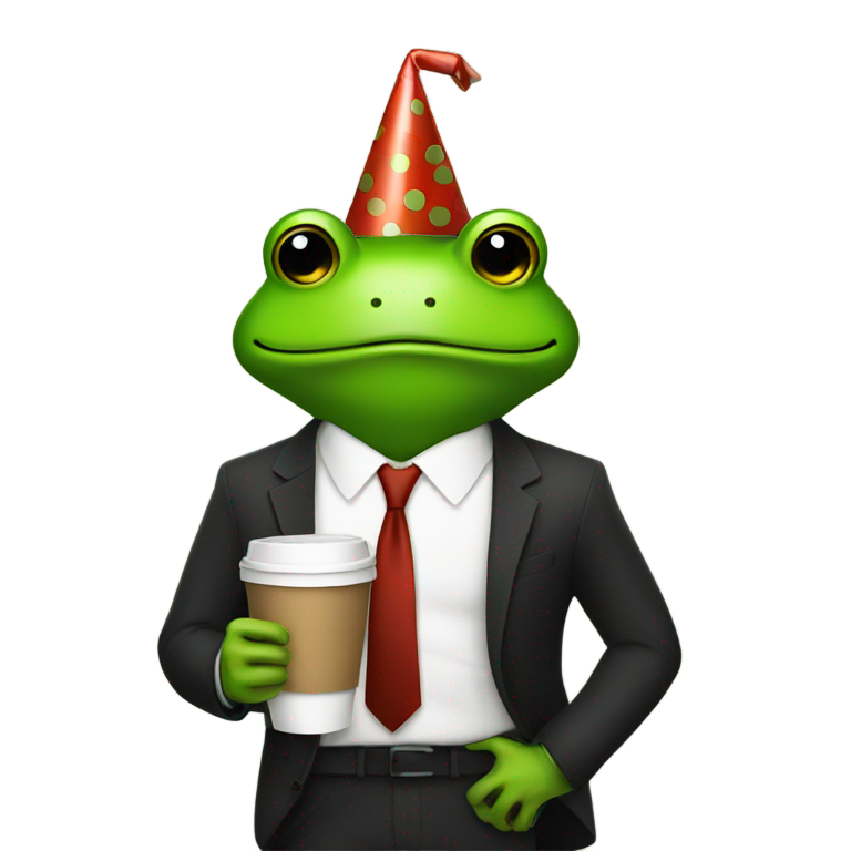 genmoji: (party hat) on (frog businessman holding coffee)