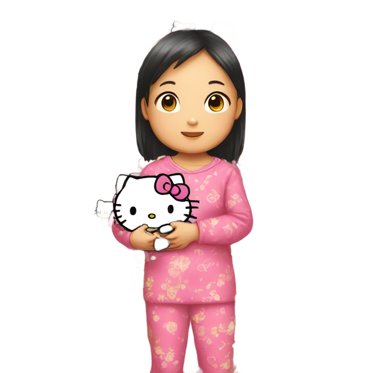genmoji：小黄皮肤亚洲女孩抱着Hello Kitty玩具，穿着睡衣