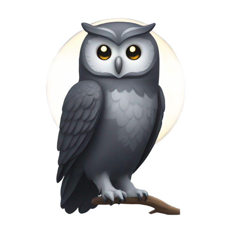 genmoji: dark grey owl with glowing white eyes and a white halo