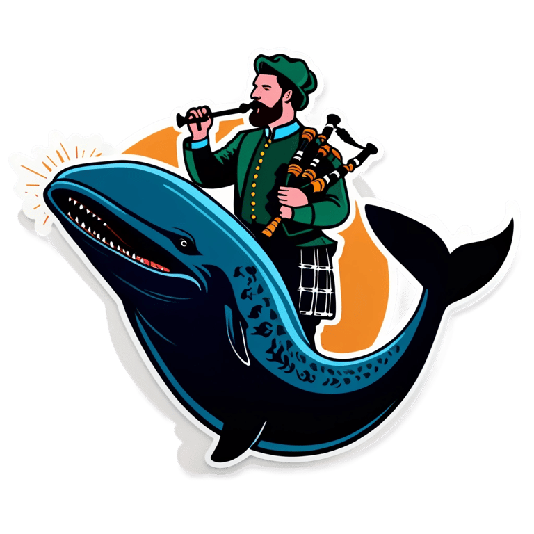 絵文字：アイルランド人のコナー・ファーマンが、飛行するザトウクジラの上でバグパイプを演奏しています。