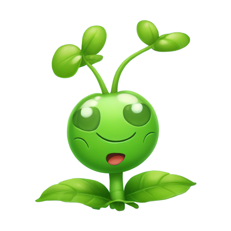 genmoji：可爱的卡通绿植，圆头大鼻喷豌豆，立于两片小叶上，眼睛明亮，表情欢快，灵感来自《植物大战僵尸》的豌豆射手，简洁鲜艳的emoji风格设计。