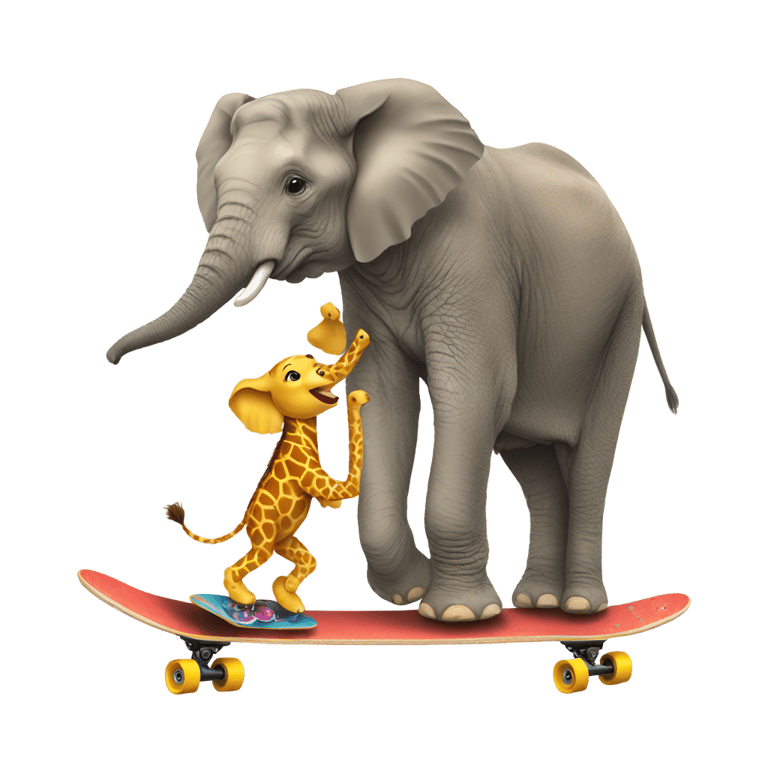genmoji：Elephant riding a skateboard down a giraffe's neck