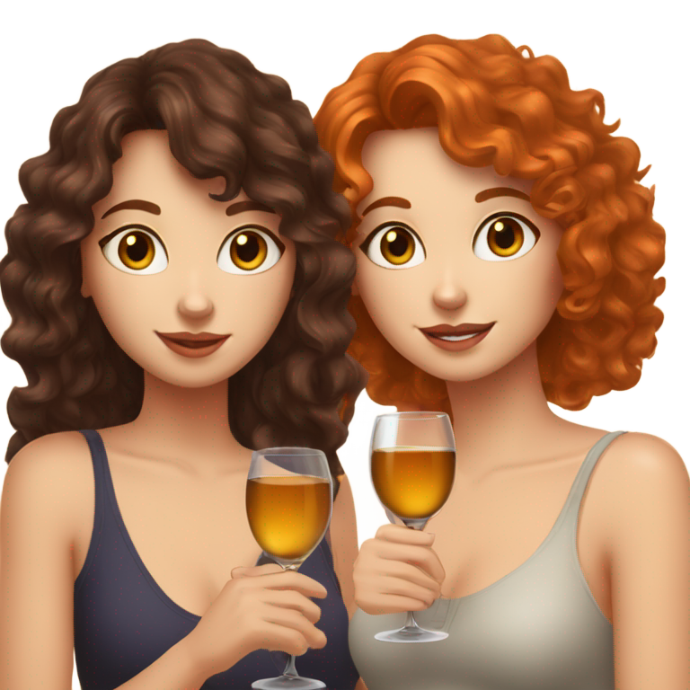 genmoji：两个白人女孩在喝酒。一个是卷发长发深棕色带刘海的女孩，另一个是浅橙红色头发带雀斑的女孩。她们中间有一只猫！