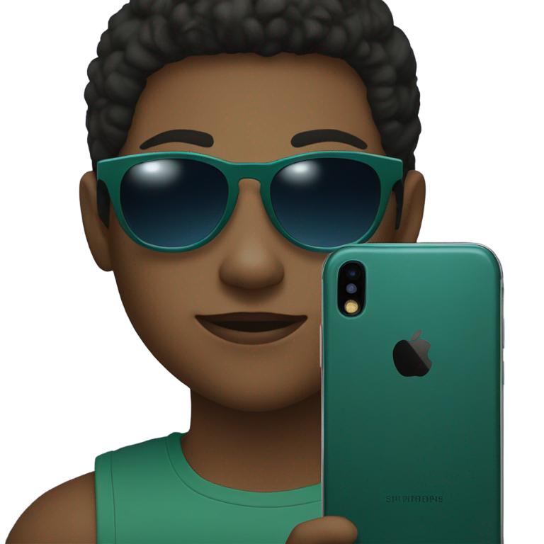 genmoji：特写圆形头像：肤色深的年轻人，短黑发，戴墨镜，持蓝色智能手机自拍，背景为深绿色平面。