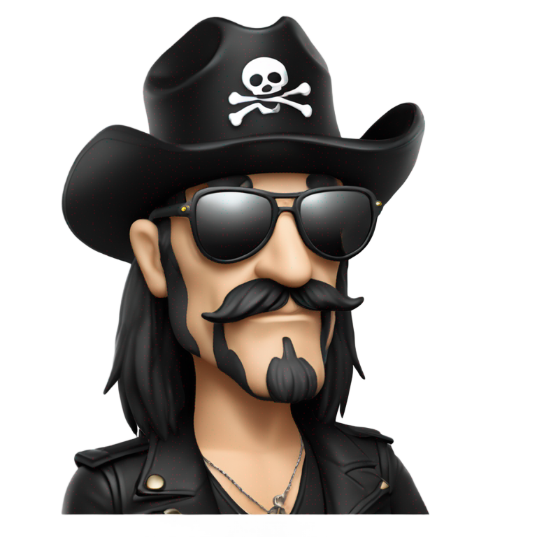 genmoji : Lemmy Kilmister avec des lunettes Ray-Ban noires et un haut-de-forme court avec un drapeau pirate devant.