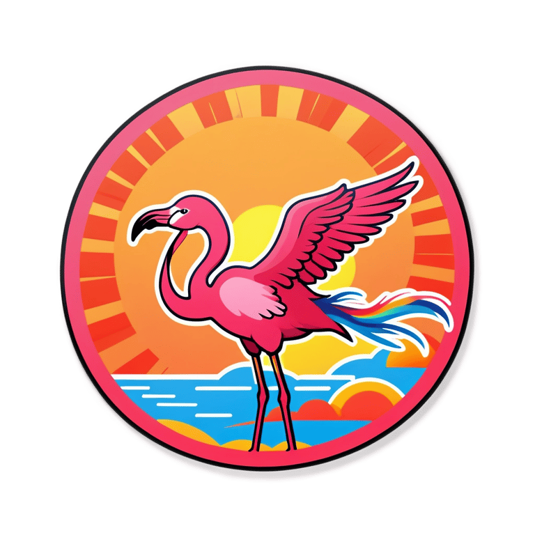 genmoji: flamingo flying with a unicorn into the sun set