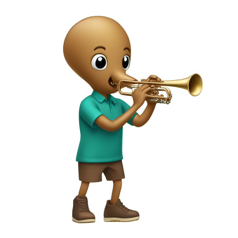 genmoji: teal anthropomorphic squid in a brown polo shirt playing the clarinet
