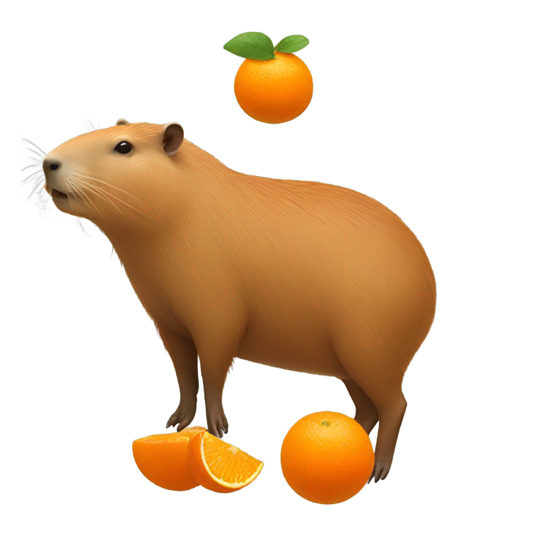 絵文字：Capybara full body with ONE orange (the fruit) on its head