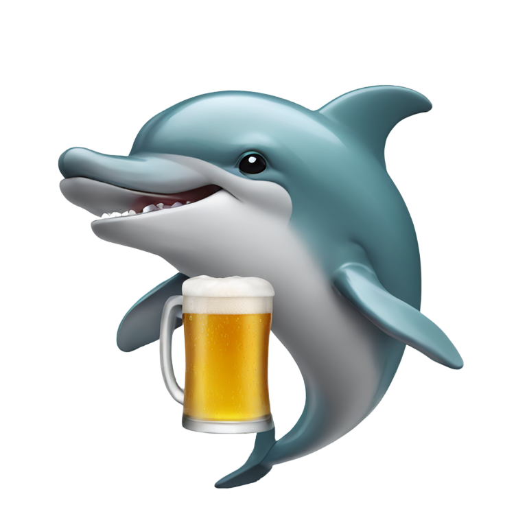 絵文字：a dolphin with a wolf’s head smiling and drinking beer