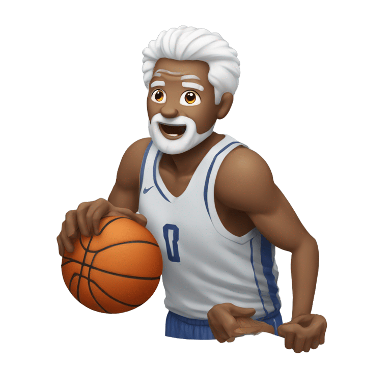 genmoji : a grandpa with white hair dunking with a basketball