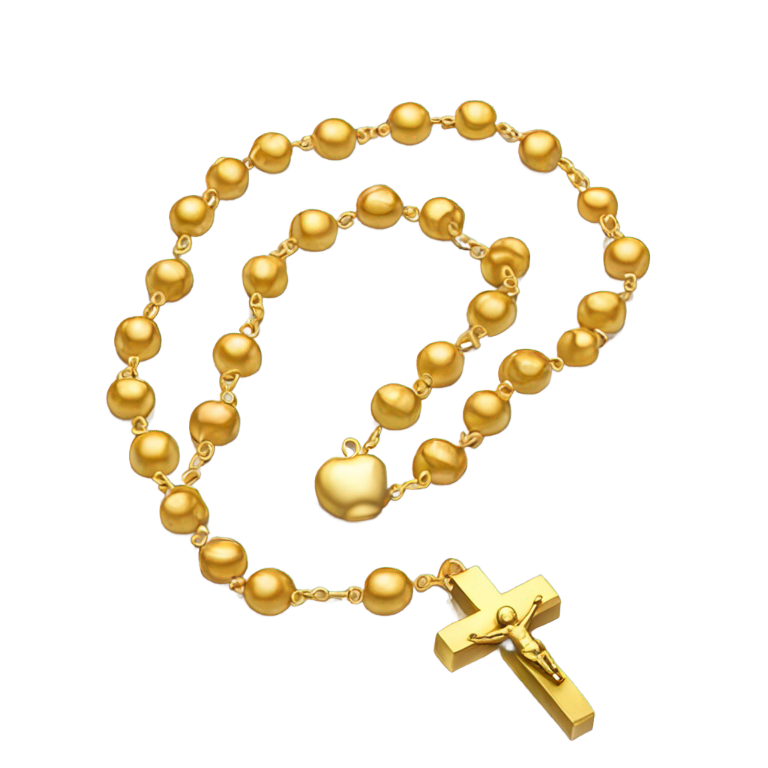 genmoji: golden rosary chain in Apple iOS emoji style, round beads with soft shine, small crucifix pendant, 3D rounded soft shading, no background
