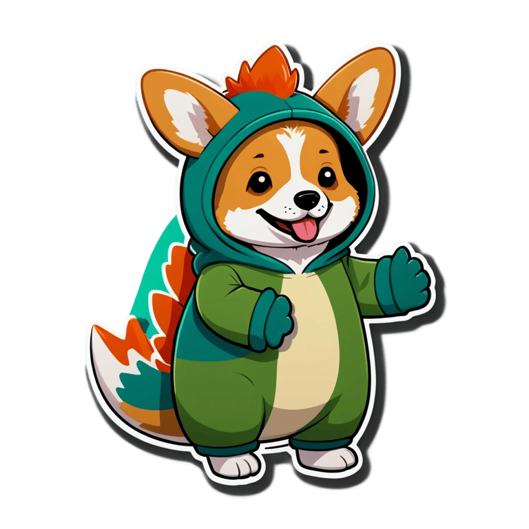 genmoji: cute corgi in a cozy dino costume/pj's