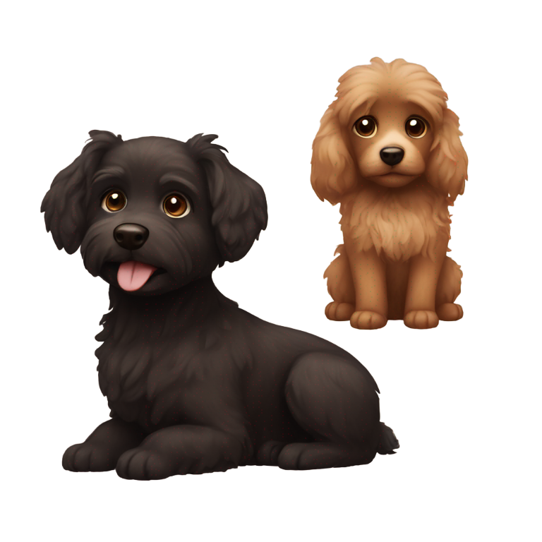 genmoji: 1 small fluffy brown dogs and 1 small fluffy black dog