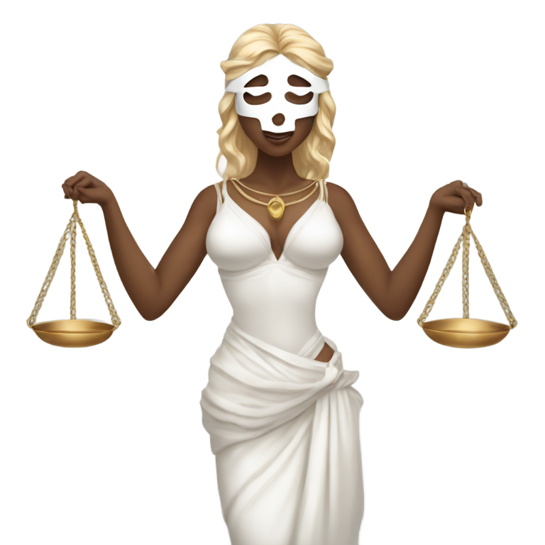 genmoji：white skinned goddess femida with scales of justice in her hands with white blindfold