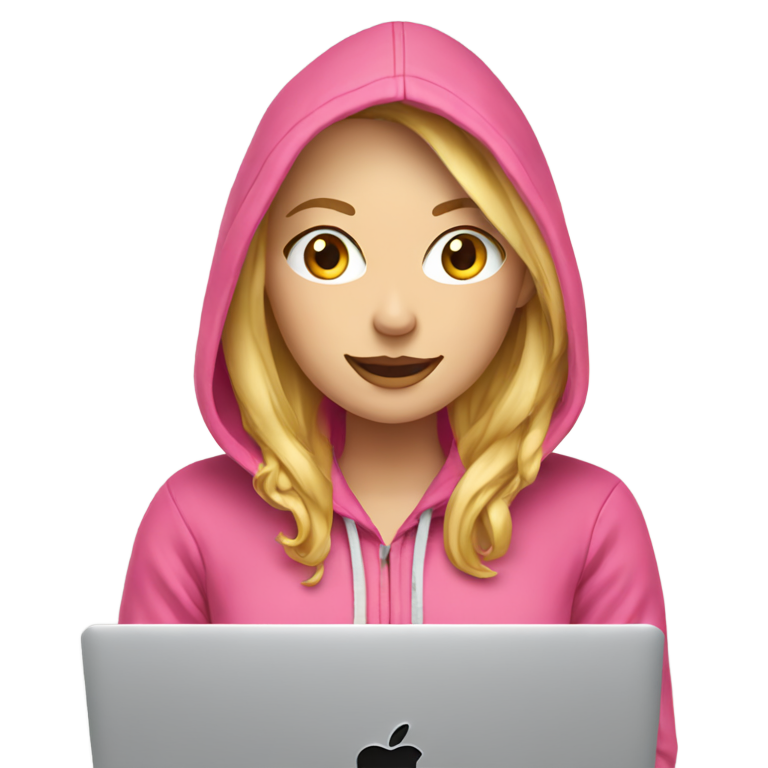 genmoji : Une webdesigner blonde et blanche portant un sweat à capuche rose devant un MacBook.