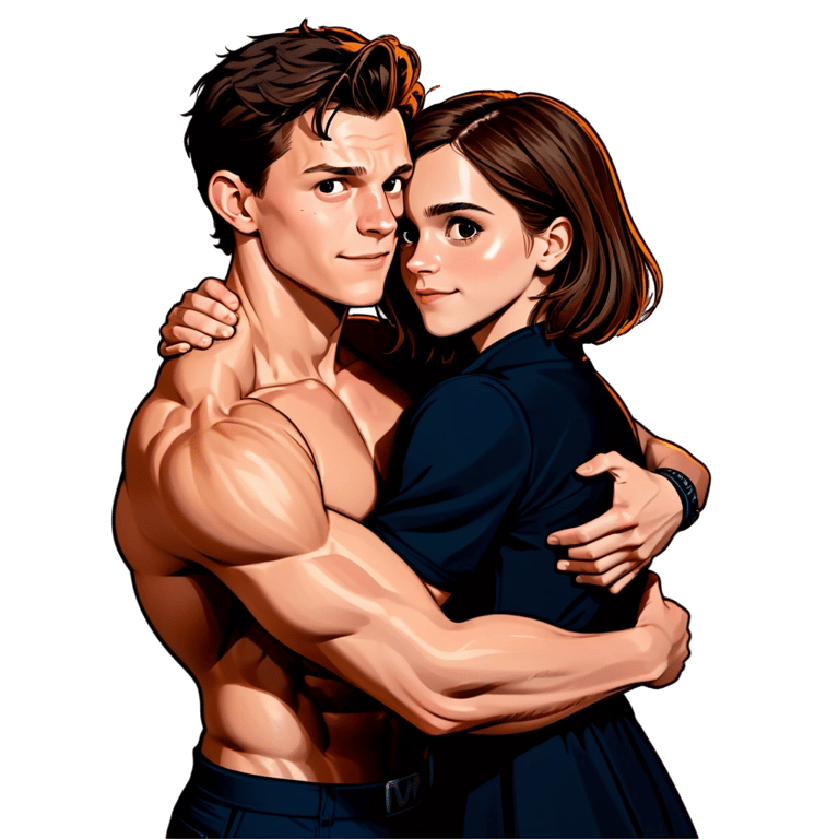 genmoji : Tom Holland, musclé et tatoué, avec une coupe courte, embrasse Emma Watson, qui a de longs cheveux châtains et une forte poitrine.