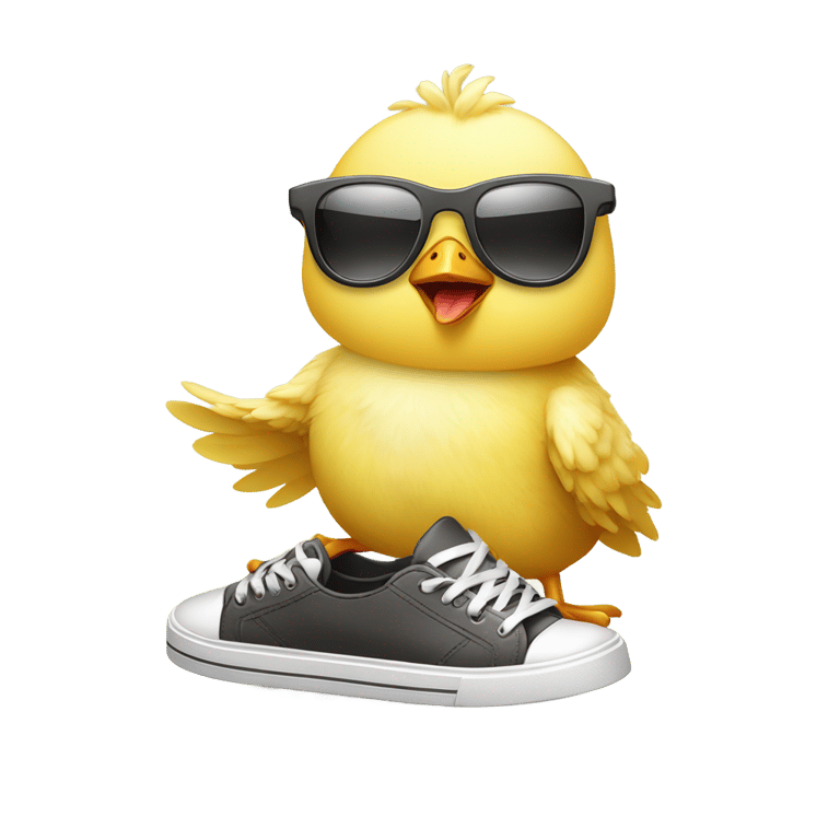 genmoji：可爱的小鸡戴着墨镜，拿着手机，站在鞋子上，听着音乐，吃着冰淇淋，滑板。