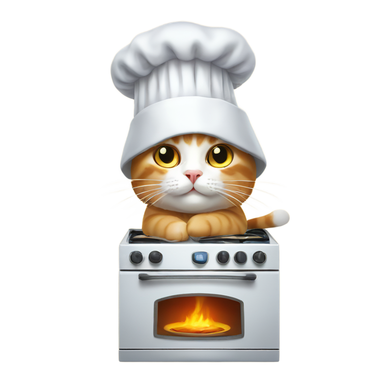 genmoji: cat cooking in oven with little oven mitts and tiny chef hat