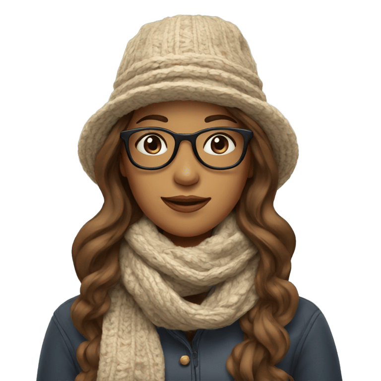 genmoji : Woman with a scarf and hat, brown wavy long hair, and glasses