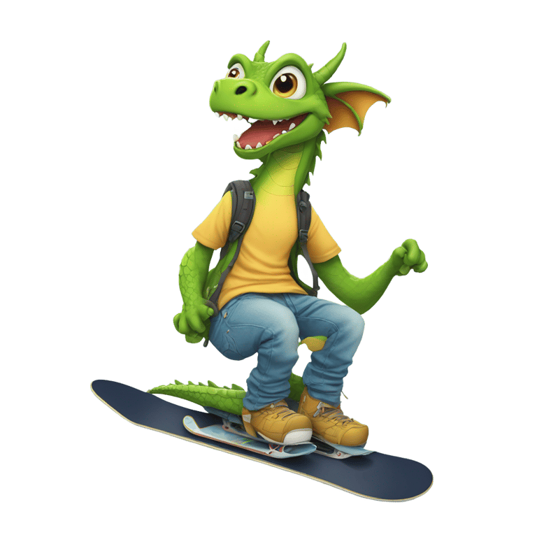 genmoji : funny dragon in tshirt and baggy jeans on snowboard