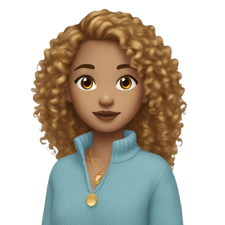 genmoji : Fille métisse, cheveux bouclés châtain clair, yeux bleus, bijoux en or, pull bleu clair.