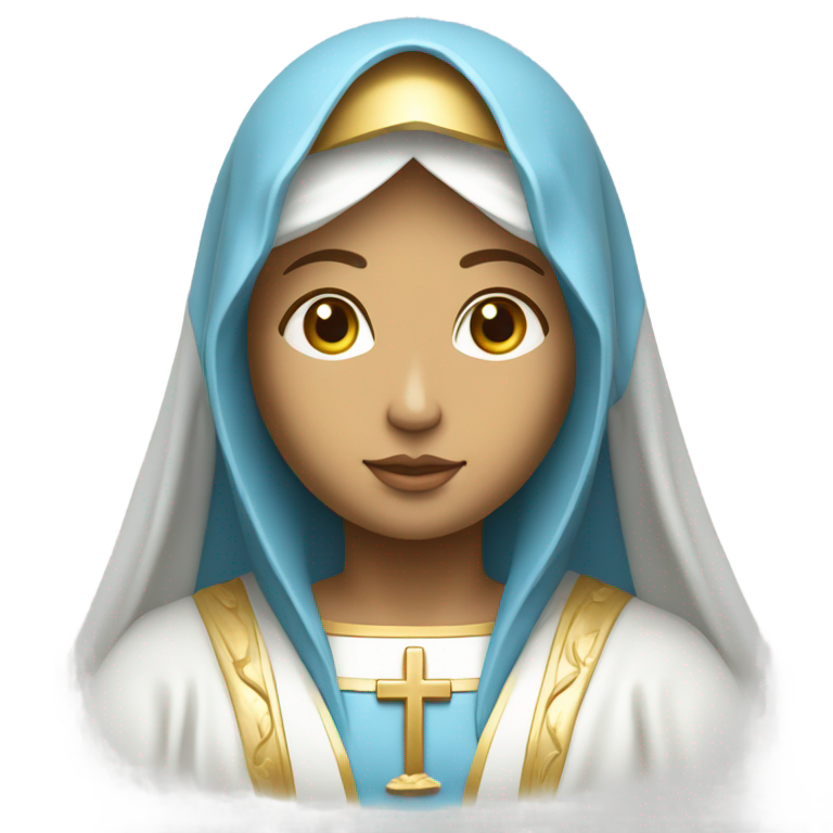 genmoji: Virgin Mary with smooth sky-blue robe, white veil, small golden halo, standing with both arms gently open, clay-like finish, clean white background