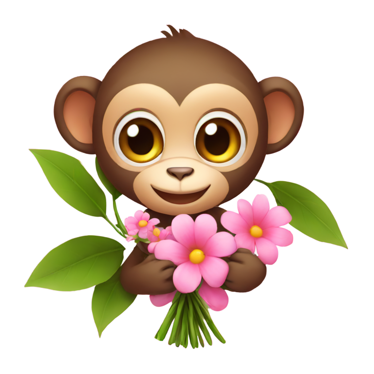 絵文字：かわいいサルがピンクの花束を持っている