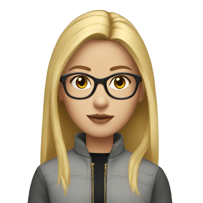 genmoji：黑眼睛金发直长发女孩，穿灰色带金色拉链夹克，戴黑框眼镜，长睫毛，小脸。