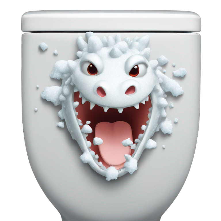 genmoji : Tête de dragon couverte de substance blanche et collante, miaulant dans une toilette.