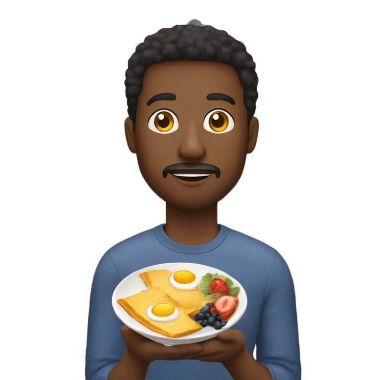 絵文字：アフリカ系アメリカ人男性が朝食の食べ物を持ち、頭上に疑問符