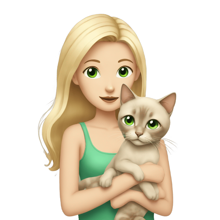 genmoji : blonde girl with green eyes holding a siamese cat