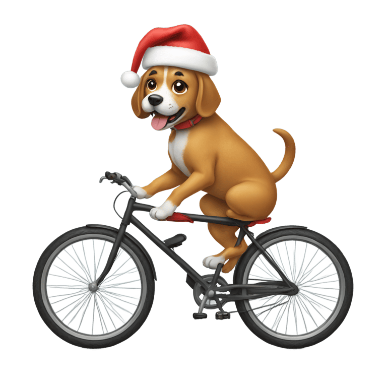 絵文字：A Dog with a santa hat, riding a bicycle.