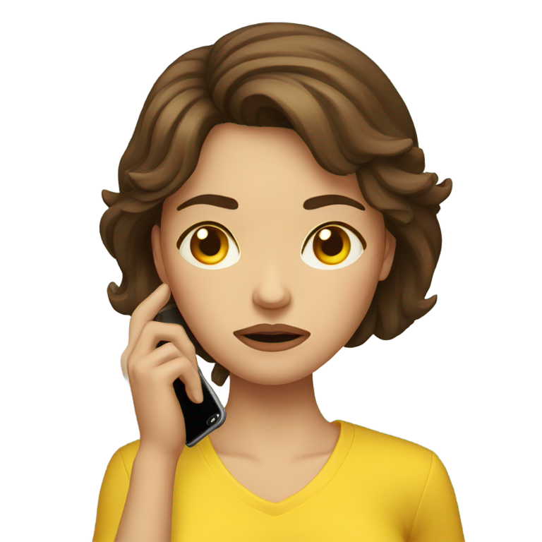 genmoji：棕发女子心情极差，嘴角下垂，手持黄色iPhone。