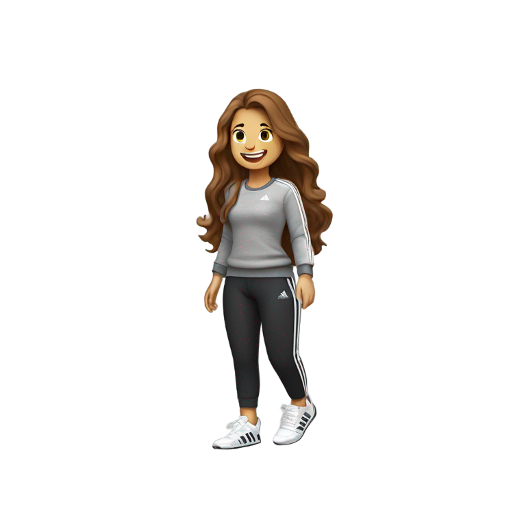 genmoji : Femme aux cheveux longs bruns et rieurs. Haut : pull gris tricoté. Jambes : pantalon de jogging Adidas noir et blanc (3 bandes).