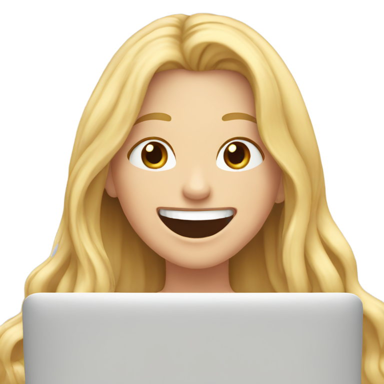 genmoji : Fille blanche aux cheveux blonds longs riant devant un ordinateur