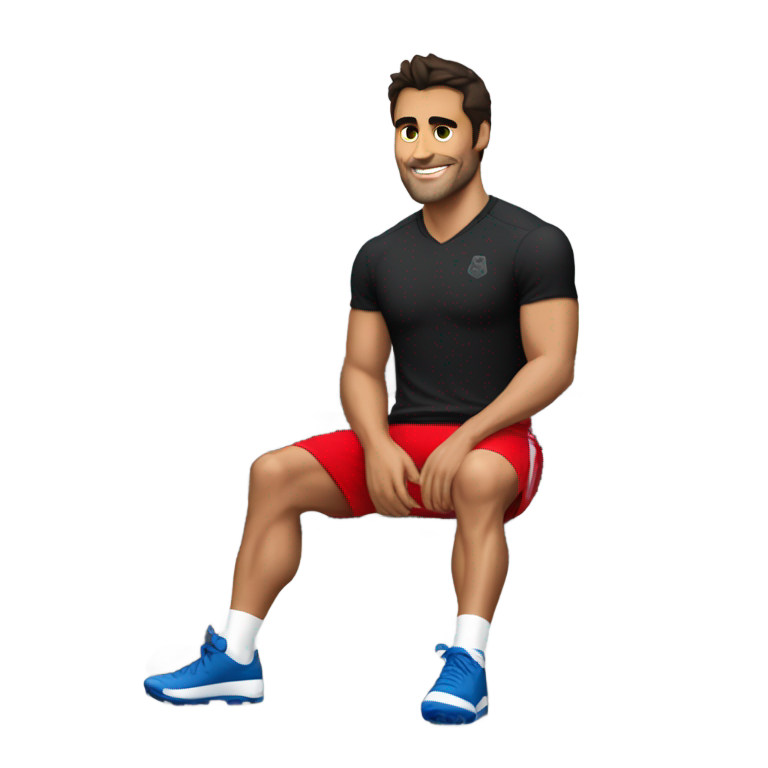 genmoji：克里斯·温德洛夫斯基穿着黑色衬衫和红色短裤坐在长凳上