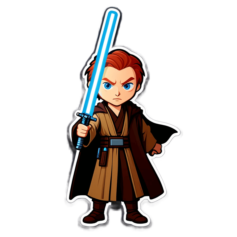 genmoji: Red hair, blue eyed jedi with blue light saber