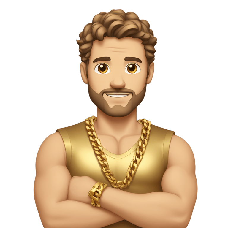 genmoji : Homme blanc fort, cheveux bruns, bras croisés, chemise dorée, plusieurs chaînes en or, bracelets en or, barbe naissante sans moustache