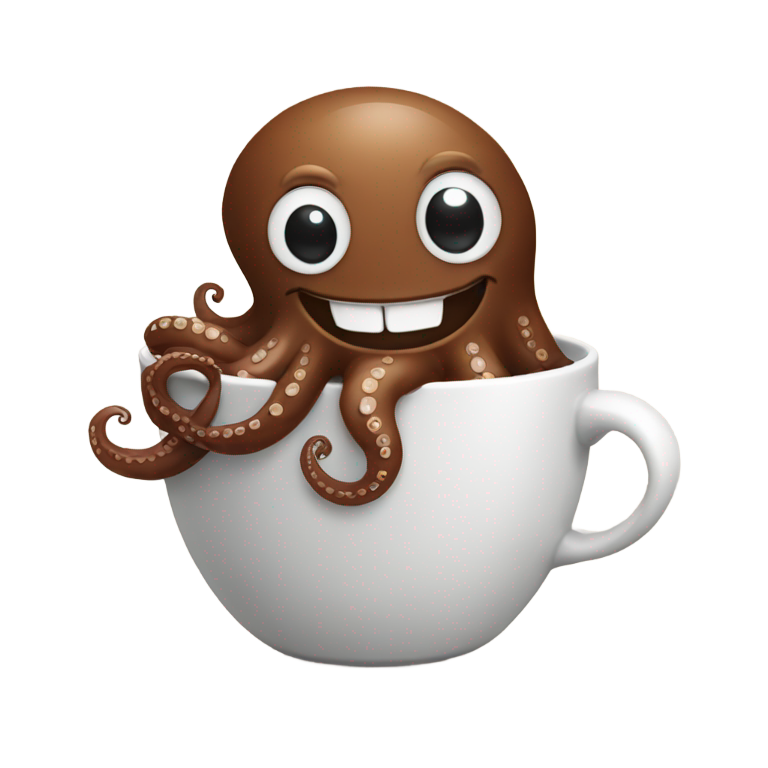 genmoji：一只微笑的章鱼在吃巧克力并喝咖啡。