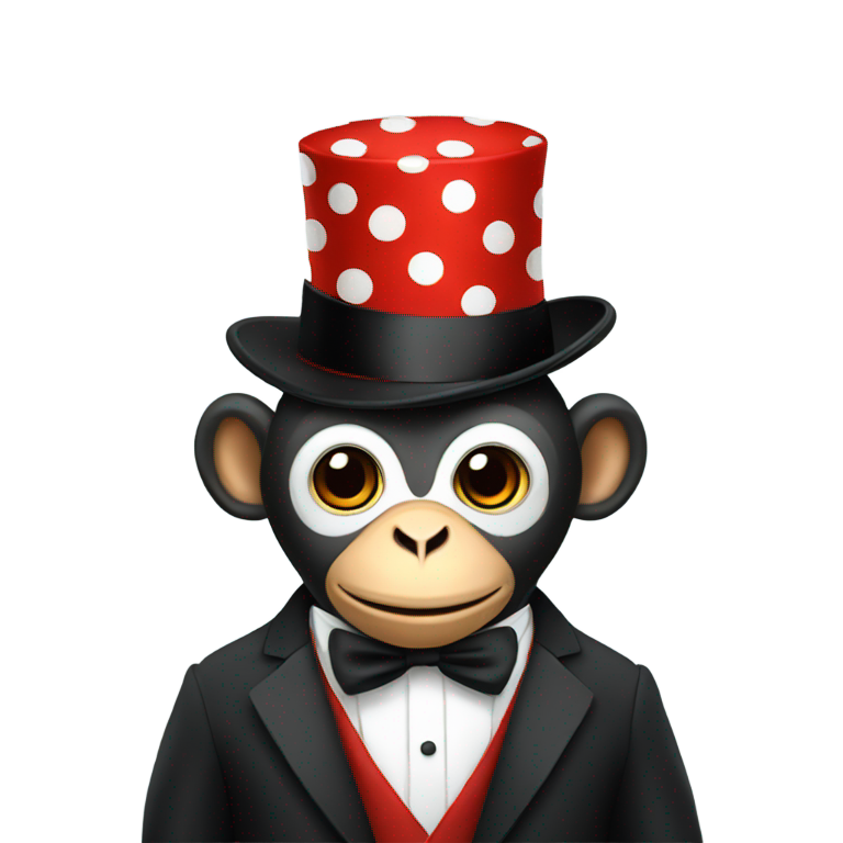 genmoji : Un singe portant un smoking et un chapeau à pois rouges avec un pingouin debout sur le chapeau.