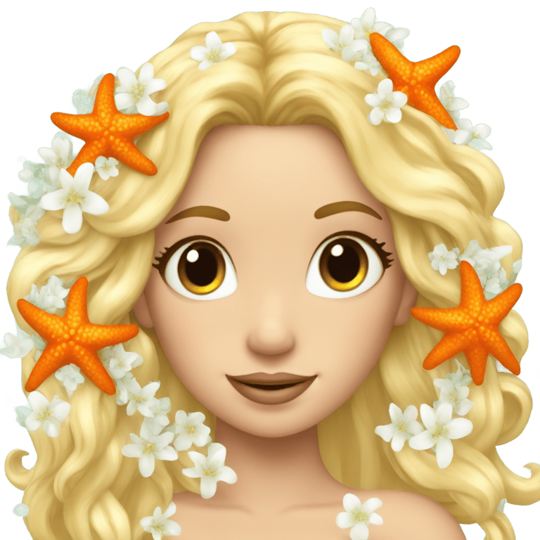 genmoji : Une sirène blonde portant un étoile de mer orange dans ses cheveux et un collier de fleurs blanches.